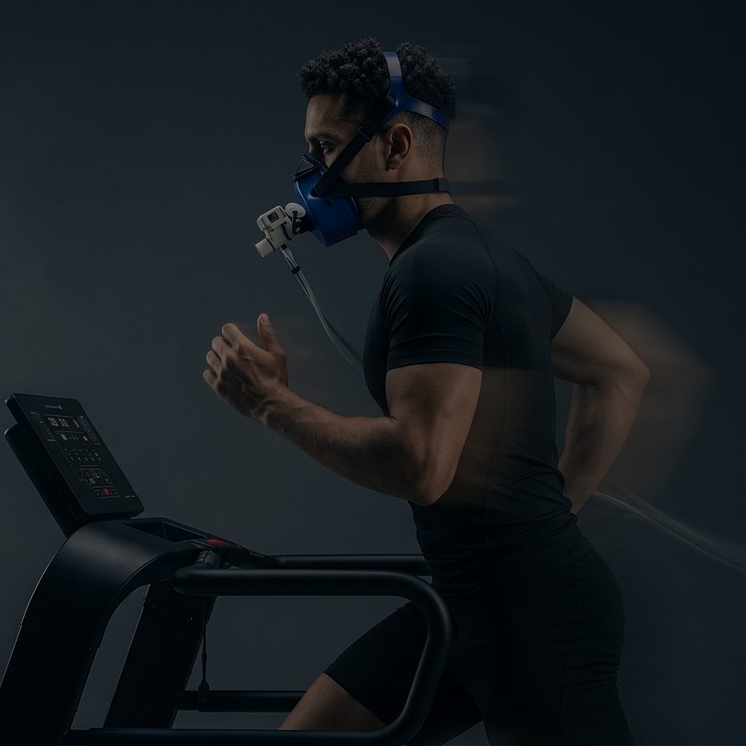 Man running on treadmill with performance mask.