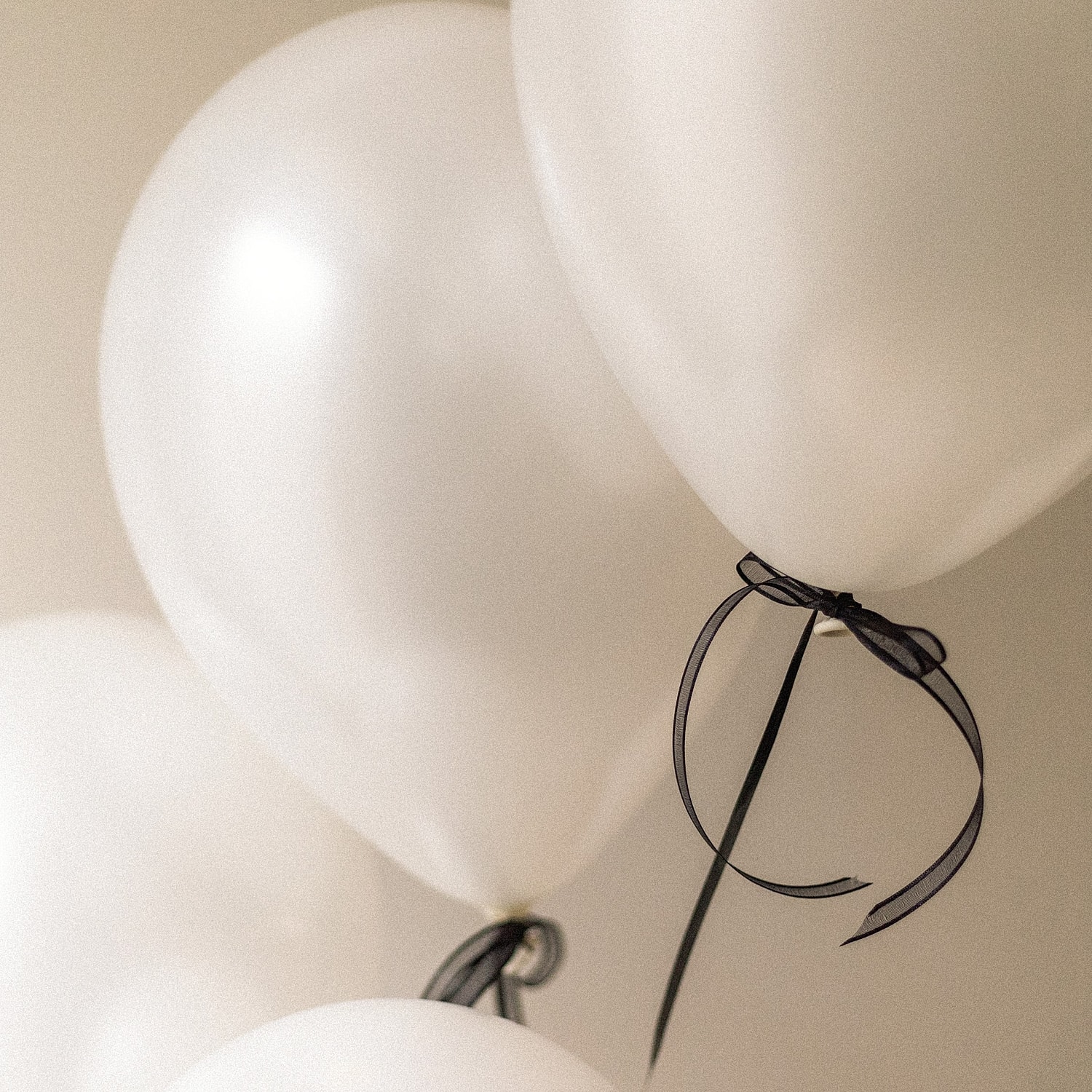 White balloons with black ribbons on display