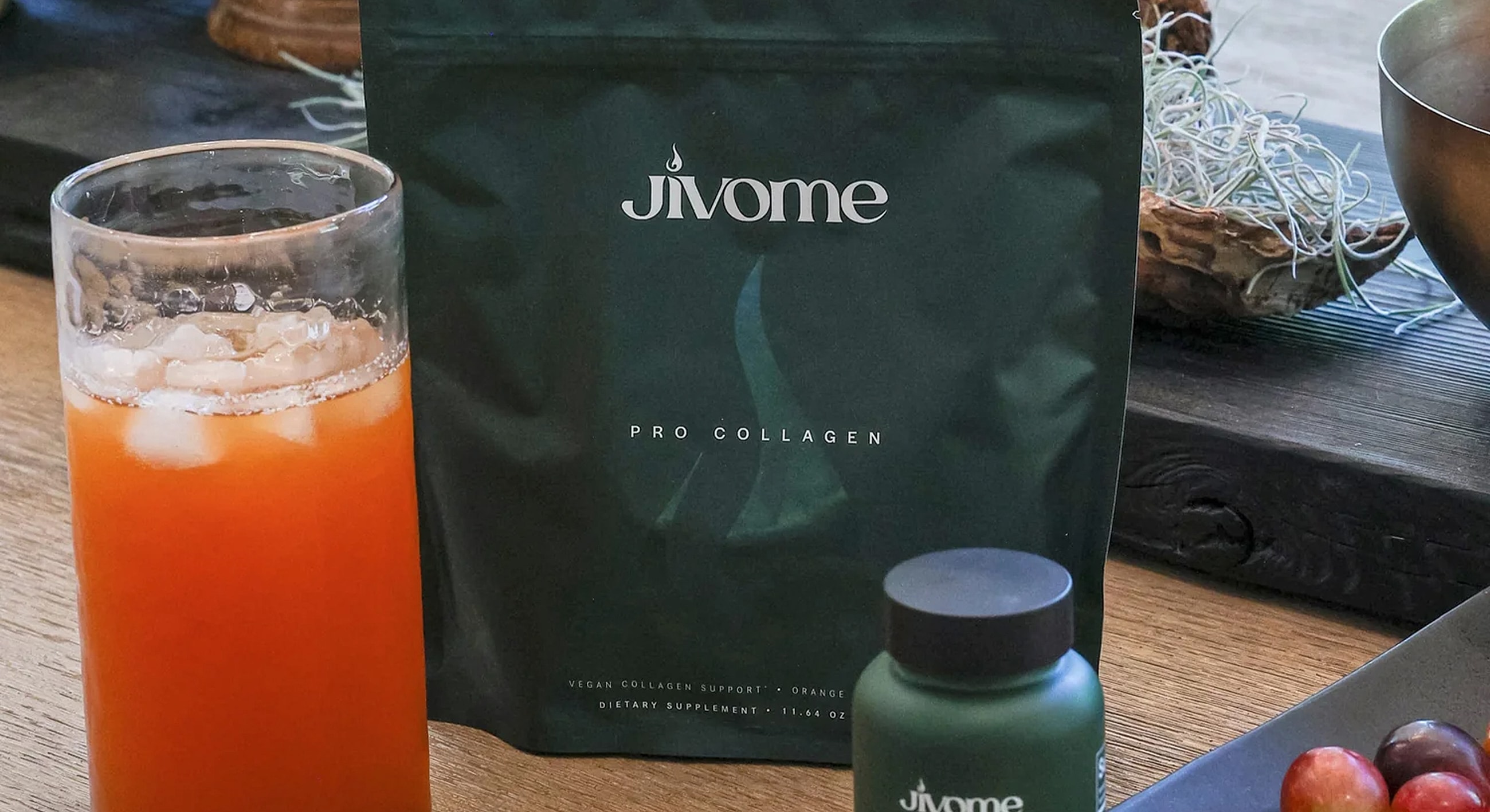 Jivome pro collagen with drink and healthy snacks